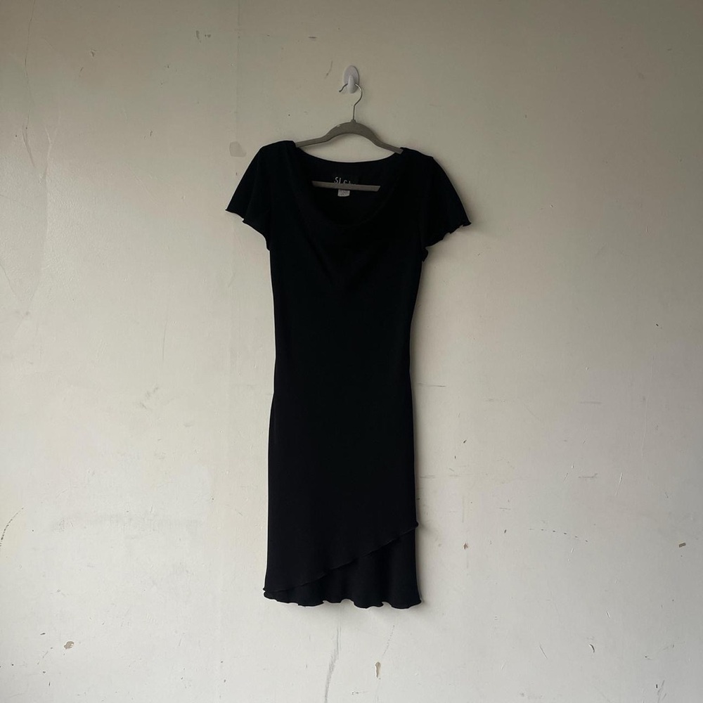 Vintage SL Fashions Black Short Sleeve Cowl Neck Tiered Ruffle Midi Dress Size 6